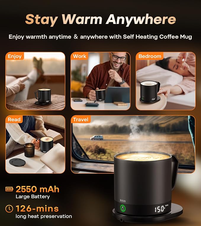 Heated Coffee Mug 14oz, Rechargeable Temperature Control Mug with Lid