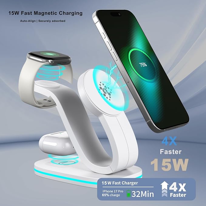 3 in 1 Charging Station for iPhone, 2026 New Fast 15W Wireless Charger Station Compatible Mag-Safe for iPhone 17 16 15 14 13 12 Wireless Charging Station for AirPods Wireless Charger for iWatch Series