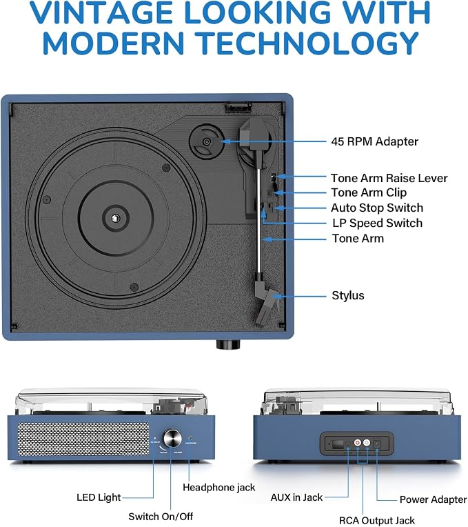 Vinyl Record Player with 2 Stereo Speakers Belt-Driven Vintage Turntables 3 Speed 3 Size Wireless Bluetooth Playback AUX-in RCA Out Headphone LP Vinyl Players Auto Stop Frosted Purple