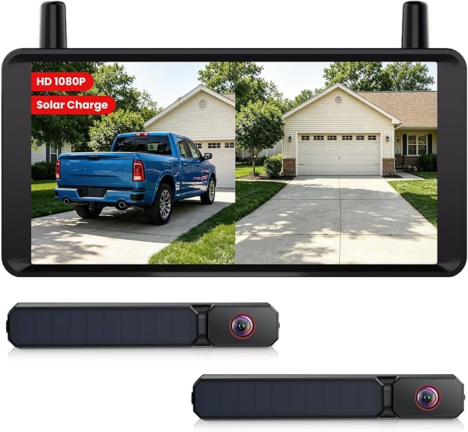 AUTO-VOX 2 Solar Wireless Backup Camera: 1Min Quick Install, Dual Antenna for Stable Real-Time View, 6" Dual-Split Screen with 1080P Color Night Vision, Long Battery Rechargable for Car Truck Trailer