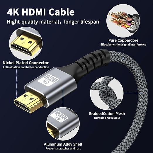4k Hdmi Cable 20ft High Speed HDMI to HDMI Cable 4K@60HZ 3D ARC Gold Plated Connector Ethernet Audio Video Return HDMI Cord for UHD TV Monitor Laptop Xbox PS4/PS5 Roku TV ect.(Silvery)