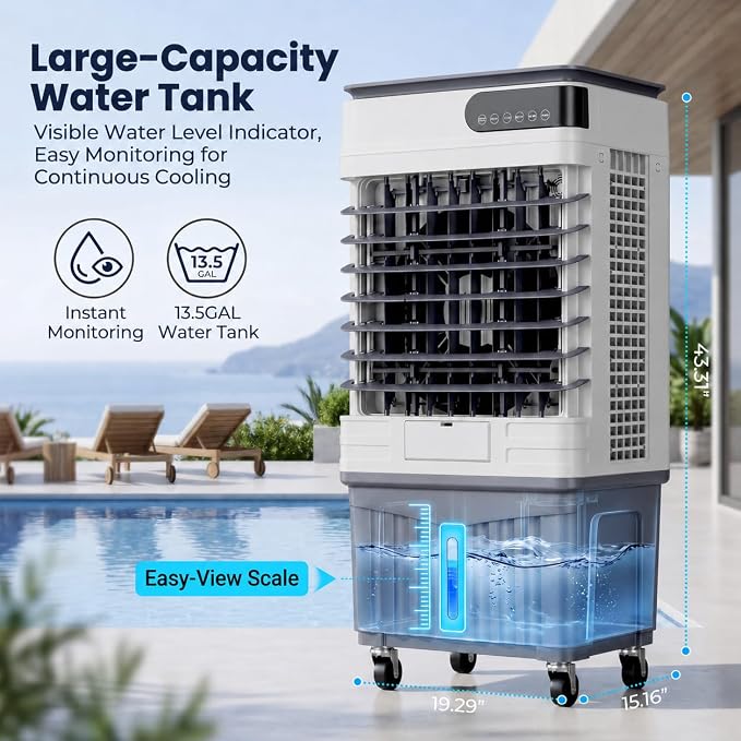 3600 CFM Swamp Cooler, Portable Evaporative Air Cooler with 13.5 Gal Water Tank, 4 Ice Packs, 120° Oscillation, 3 Speeds, 12H Timer, Remote Cooling Fan for Garage Patio,Large Room