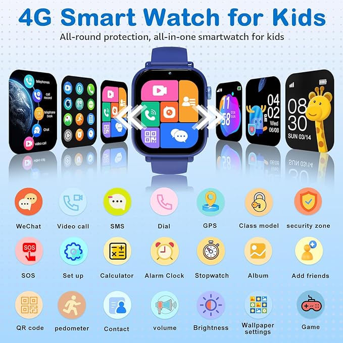 Kids Smart Watch for Boys Girls, 4G Smartwatch Phone for Children with GPS, Call, SOS, Video/Voice Chat, Parental App, Alarm, HD Touchscreen Watches for Kid Gifts Ages 4-12, Bright Blue