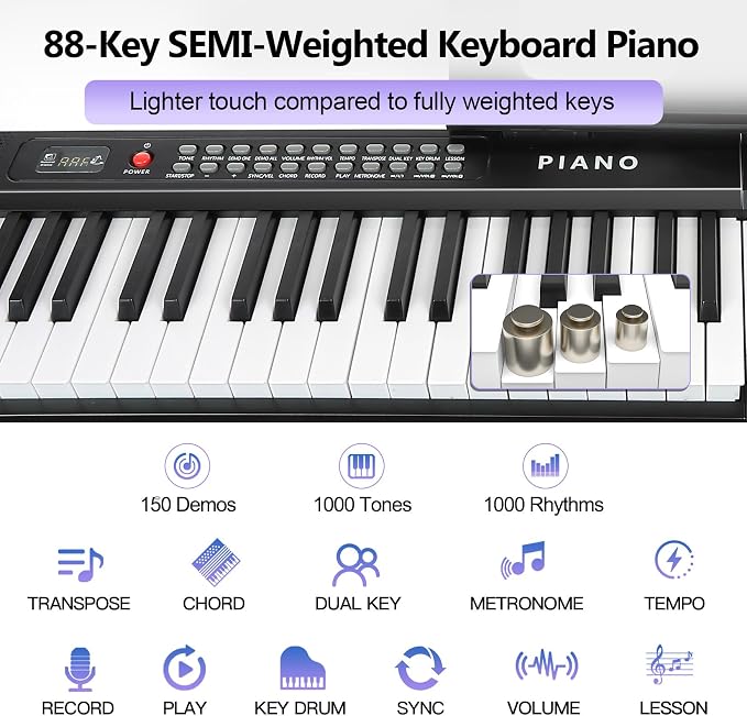 88 Key SEMI-Weighted Keyboard Piano For Beginners w/Teaching Mode | Corded Electric, MIDI, Bluetooth, 1000 Tones/Rhythms, 150 Demos, Sustain Pedal, Metronome, Sync, Chord, Dual Key, Key Drum