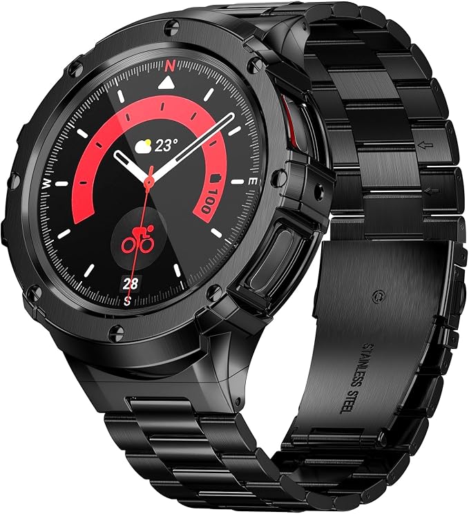 SUPLINK Stainless Steel Case and Band Compatible with Samsung Galaxy Watch 7 Band 44mm, Rugged Protective Case Metal Bands for Galaxy Watch 7 Men,Black