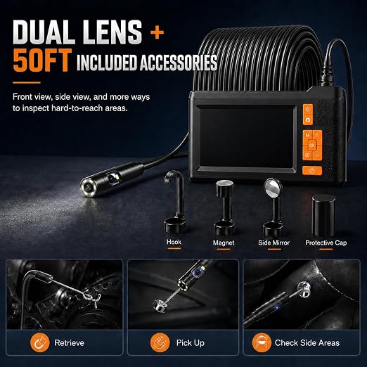 50FT Dual Lens Endoscope Camera with Light, 4.3" Borescope Support 1080P Photo/Video, IP67 Waterproof with 8 LED Lights, Semi-Rigid Inspection Snake Cable for Pipe, Engine & HVAC