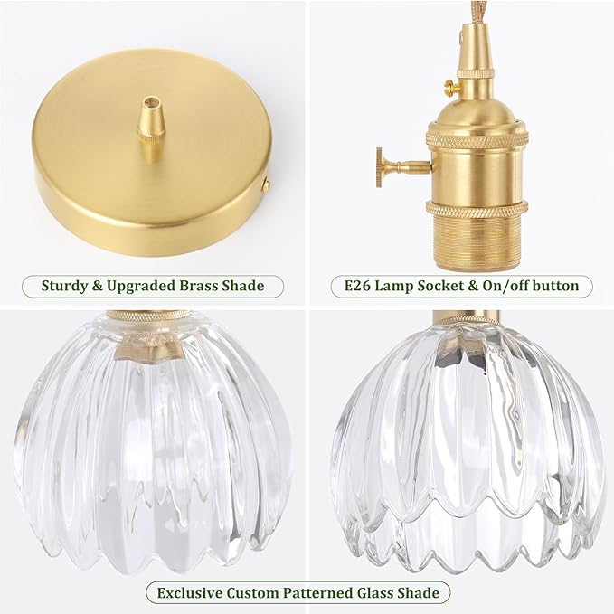 Shenmoyl Pendant Light with Clear Tulip Glass Lmapshade, Brass Vintage Pendant Light Adjustable Hanging Light for Kitchen Island Dining Room Hallway