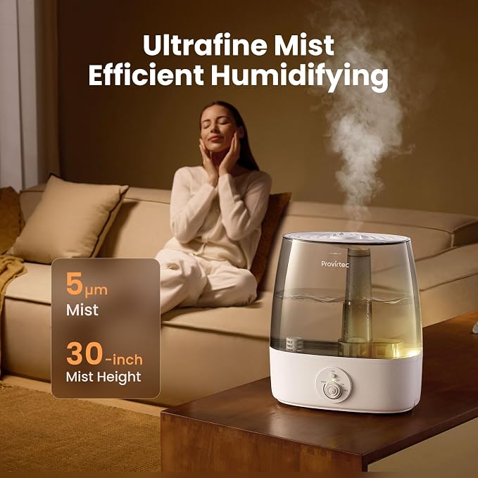 Provirtec 6.5L Stay Clean Tank Humidifier for Large Room, Low Maintenance, Top Fill Design, Ultra Quiet 65H Runtime, Cool Mist Ultrasonic for Bedroom, Home, Plants HC12