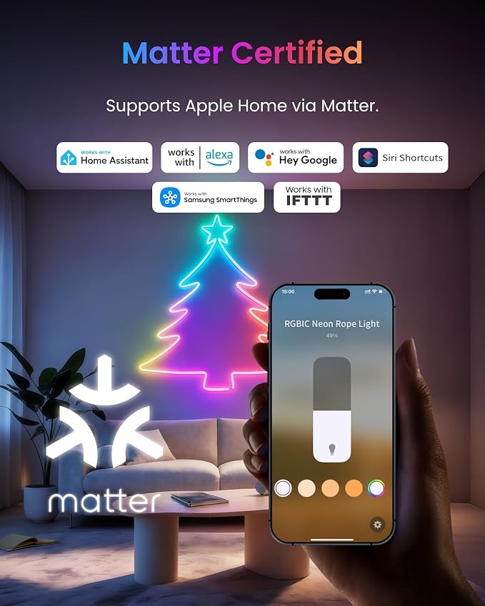 SwitchBot RGBIC Neon Rope Light, 5M Matter-Certified Neon Strip Lights Works with Apple Home, Alexa and Google Home, 16 Million Colors, Music Sync, Scene Modes, LED Neon Lights for Bedroom, Wall Decor