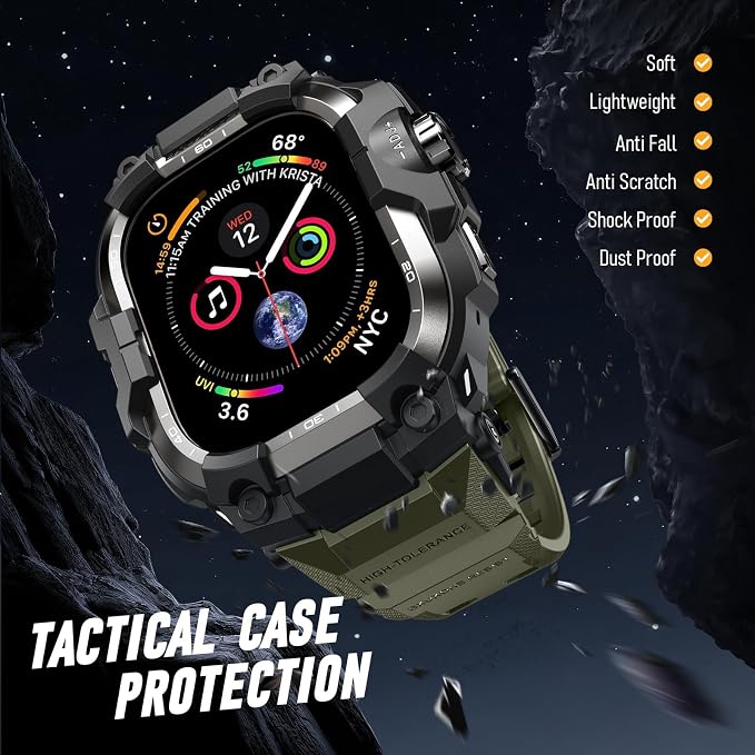 BXUXOHS Rugged Case and Band for Apple Watch 45mm Men, Compatible with Apple Watch Series 9/8/7, Military Grade Shockproof Bumper Cover, Tactical Band Case for iWatch 9/8/7 Man, Army Green