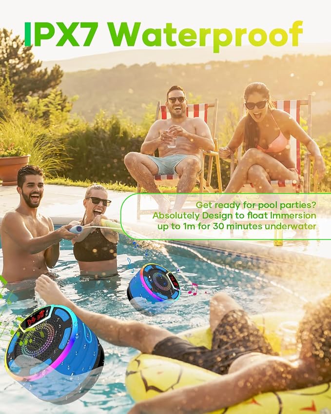 ssuowao Bluetooth Shower Speaker, IPX7 Waterproof Portable Speakers with LED Display, FM Radio, Suction Cup, Built-in Mic, Mini Speaker for Bathroom Travel Pool Beach