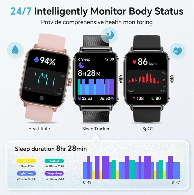 Smart Watch for Women Men (Android/iPhones), Health & Fitness Tracker Watch | Fitness Watch with SpO2/Heart Rate Monitor, Sleep Tracker, 1.85" Smart Watch with Bluetooth Calls/Messages, 3ATM waterproof