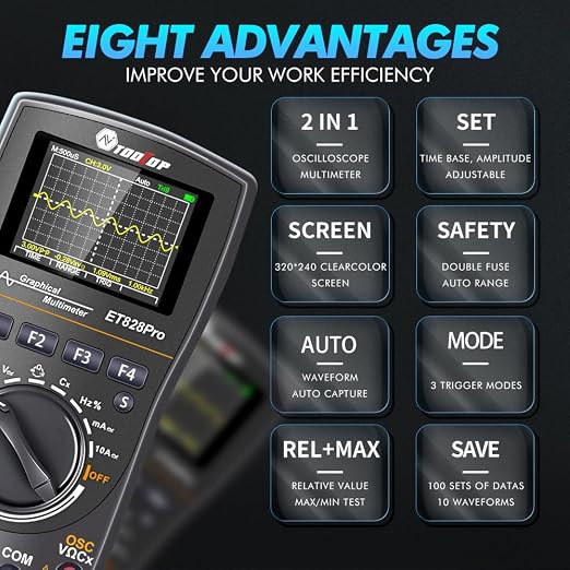 Portable Digital Multimeter Oscilloscope Automotive | 10MHz bandwidth. 50Msps sampling rate. 6000 counts display. Built in 250V explosion proof fuse. Stores 100 data sets.