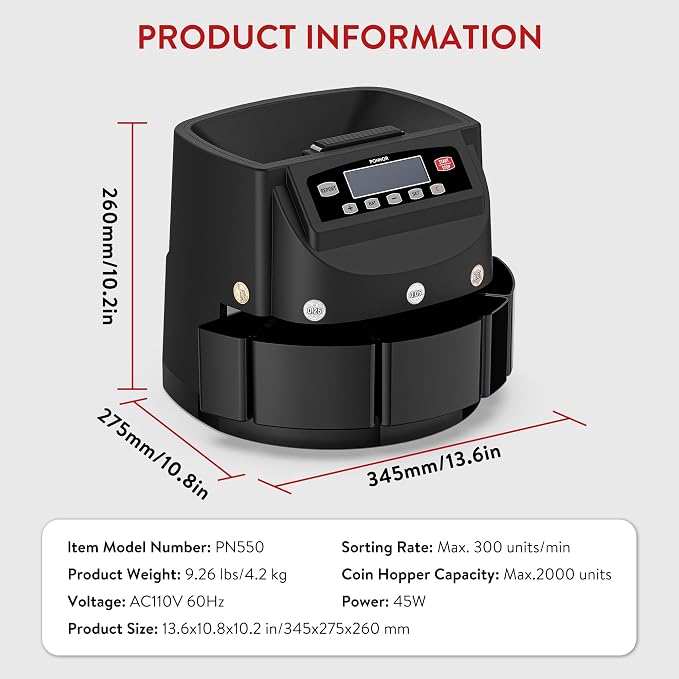 PONNOR Coin Counter Machine Sorter Change and Wrapper Roller Counting Organizer Sorts up to 300 Coins Per Minute Automatically Sorts and Batches - Black