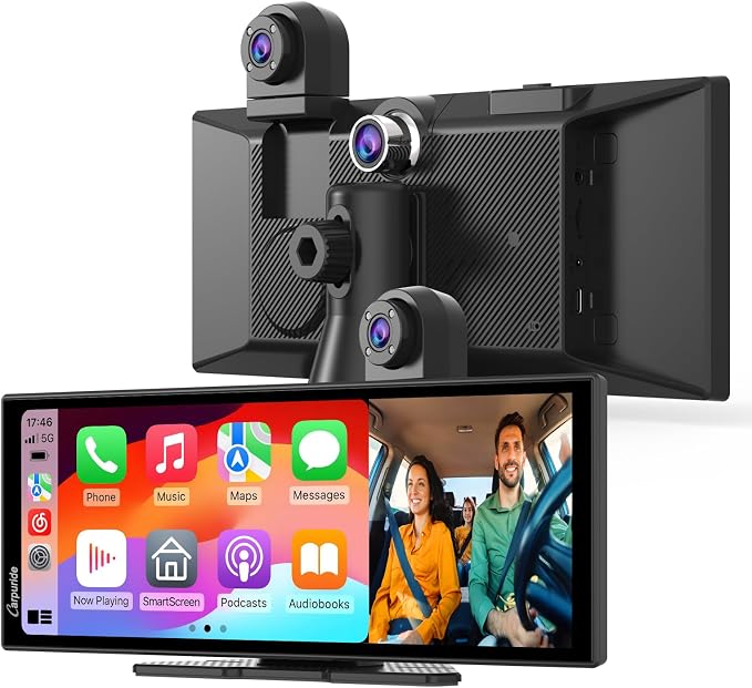 CARPURIDE 11.26 Inch HD Wireless Carplay & Android Auto Screen, 4K +1080P+1080P Dash Camera for Cars with 64GB Card, with Loop Recording, Bluetooth, GPS, FM, Super Link