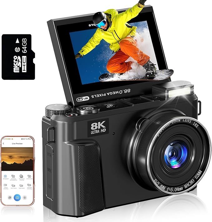8K Digital Camera for Photography - 88MP Autofocus Vlogging Camera for YouTube with 64GB SD Card, WiFi, 18X Zoom 3" 180° Flip Screen Compact Travel Camera with 2 Batteries for Teens and Beginner