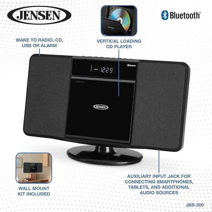 JENSEN JBS-300 Bluetooth Wall-Mountable Music System with CD Player and AM/FM Radio, JBS-230
