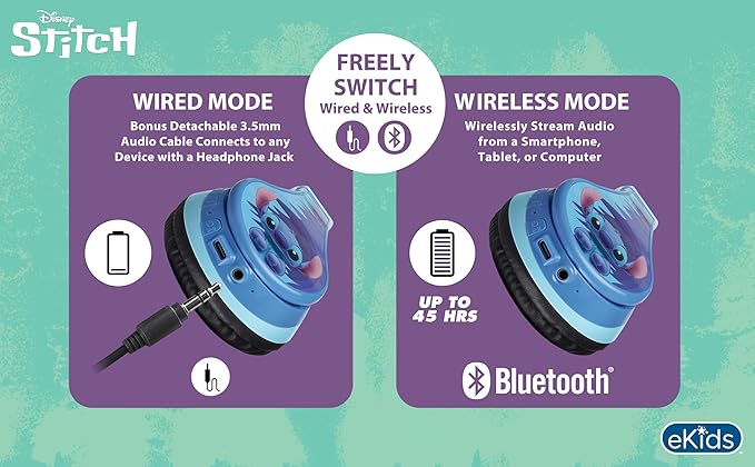Disney Stitch Bluetooth Headphones for Kids, Wireless Headphones for School | Volume Reduced and Built-in Microphone