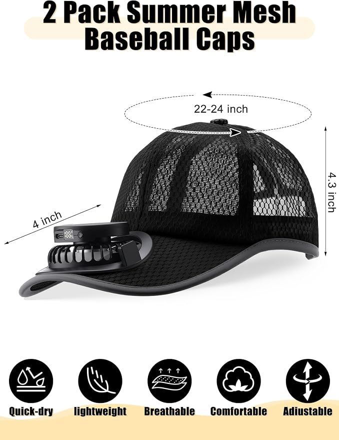 Yaomiao 2 Pcs Solar Baseball Cap with Fan Unisex Sun Protection USB Charging Fan Mesh Hat for Summer Outdoor