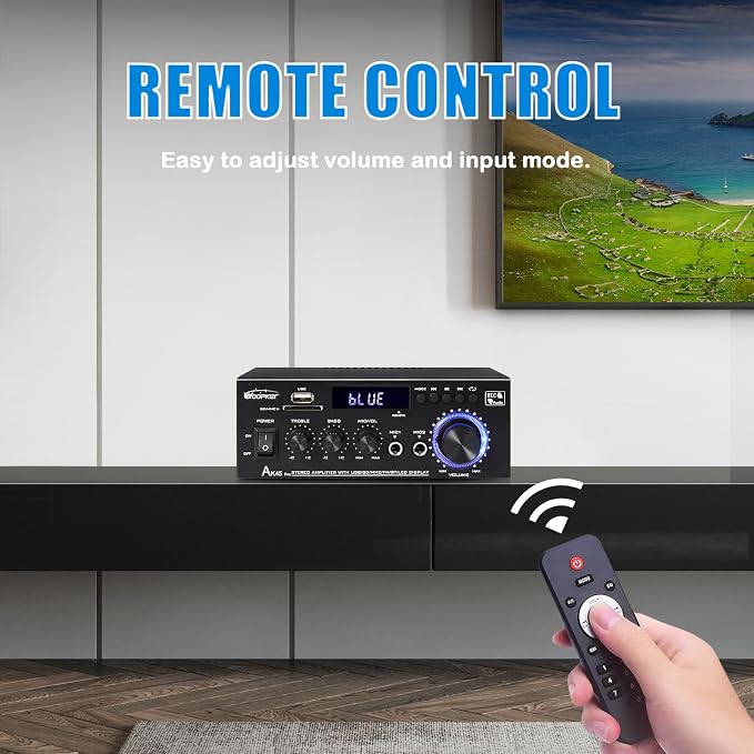 WOOPKER AK45 Pro Amplifier Home Audio Stereo Receivers with Bluetooth 5.0,Max 400W,2.0 Channel Stereo Amplifier System for Home Theater Speakers, Karaoke,Garage,Home Amp with USB,SD,RCA,2 MIC in