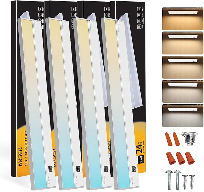Ansen 4Packs of Under Cabinet Lighting Hardwired, 24IN 18W 1237LM, Dimmable Led Light for Kitchen/Bar/Closet, CRI>92, R9>90, 5 Color Temperature, 2700K-5000K(Warm White, Cool White, Daylight)
