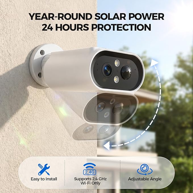 AlkiVision Solar Security Cameras Wireless Outdoor - 2K Night Color Vision Cameras for Home Security, AI Motion Detection, 360° View, Spotlight, 2-Way Audio, Siren, IP67 Waterproof, SD/Cloud Storage