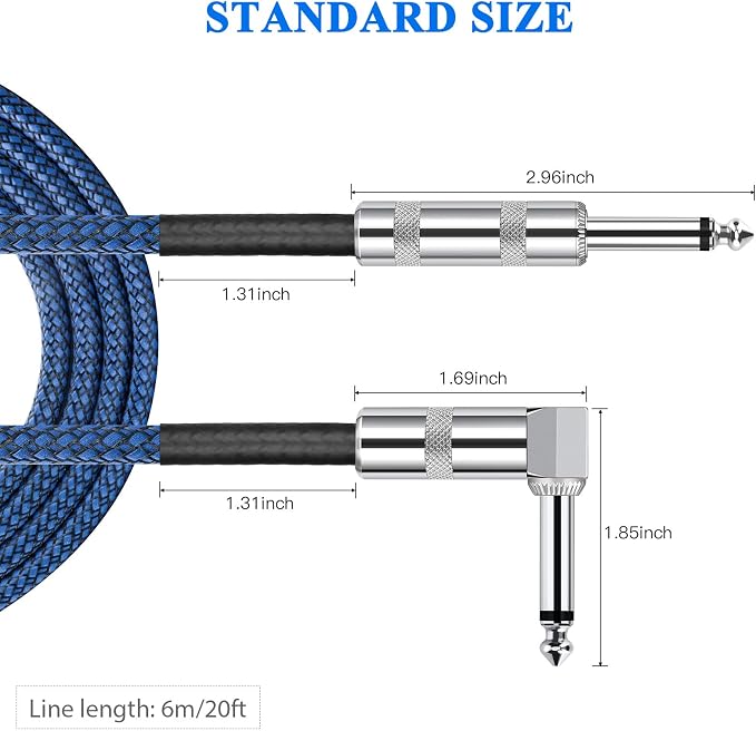 JOLGOO Guitar Cable 1/4 Inch Cable 20 Ft Straight to Right Angle 1/4 Inch 6.35mm Plug Bass Keyboard Instrument Cable Blue and Black Tweed Cloth Jacket, Electric Mandolin, pro Audio
