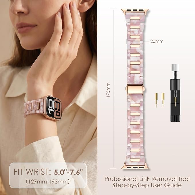 V-MORO Resin Metal Band Compatible with Apple Watch 42/44/45/46/49mm,Fashion Lightweight Bracelet with Polished Rose Gold Stainless Steel Inlay for iWatch Series 11/10/9/8/7/6/5/4/3/2/1/SE,Pink Flower
