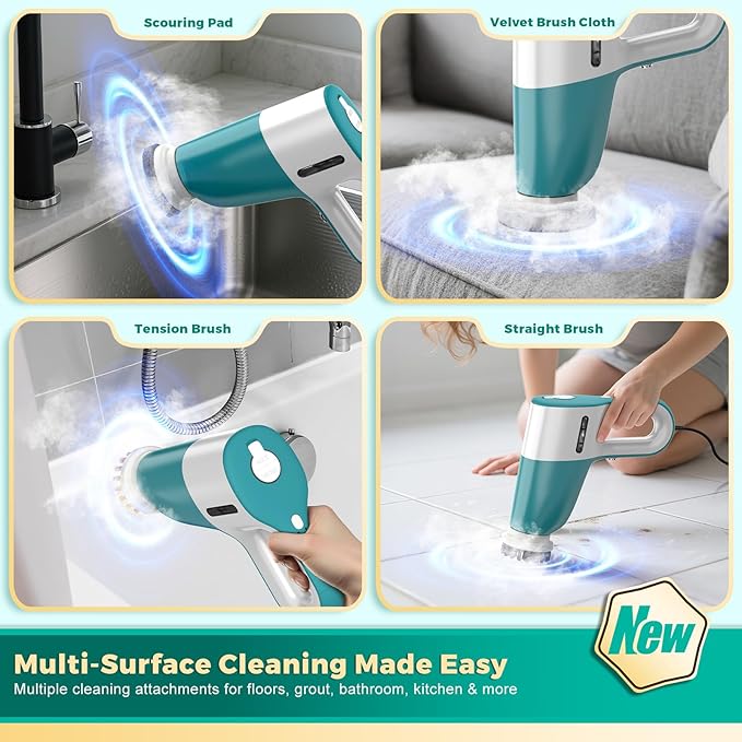 Steam Cleaner with Electric Spin Brush, No Manual Scrubbing, 1200W 2-in-1 Steamer for Cleaning Tool, 2 Modes, 11 Accessories, Detachable Long Handle for Home, Floor, Tile, Grout, Bathroom (Green)