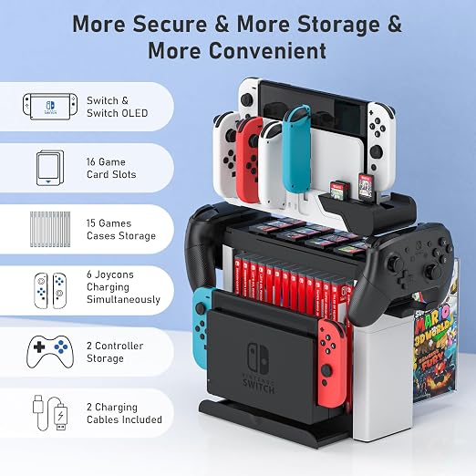Switch Game Storage with Controller Charger for Nintendo Switch & OLED Model, MLIFEMFUL Switch Charging Dock Charges 6 Joycons, Switch Gaming Accessories Holder Desk, Switch Game Gift Card Organizer