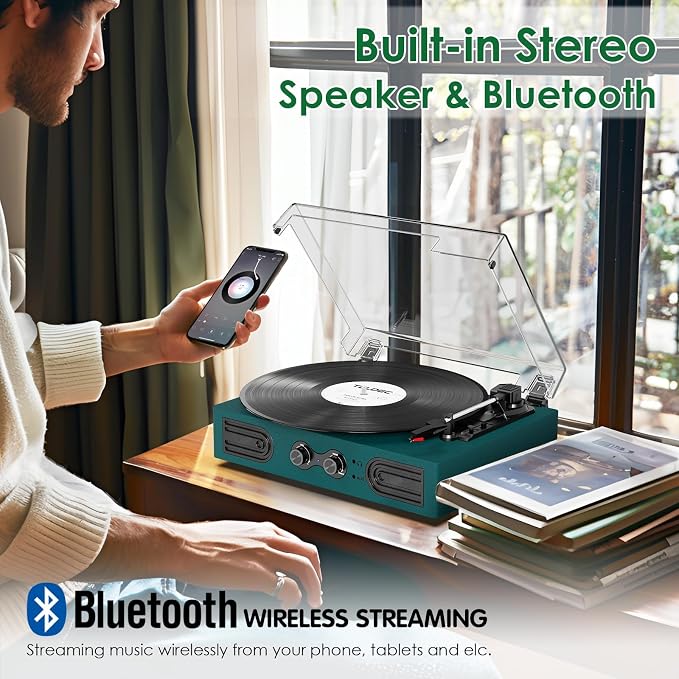 Vinyl Record Player with Built-in Speakers 3-Speed Vintage Record Player Support Treble& Bass Control, 3.5mm Headphone Jack, RCA-Out/Aux in, Belt-Driven LP Turntable,Dark Green