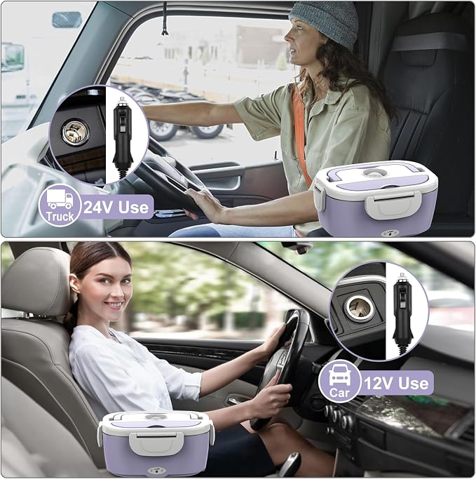 WisaKey Purple Electric Lunch Box Food Heater 80W Heated Lunch Box for Women, 12V 24V 110V 220V Portable Food Warmer Lunchbox hot lunch box for Car Truck Work with 304 SS Container Christmas Gift