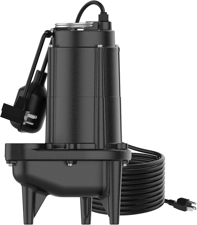 1/2 HP Sewage Pump, Cast Iron Effluent Pump, Automatic Float Switch, Sewage Sump Pump for Sump Basin, Basement, Residential Sewage, 2'' NPT Discharge, Black