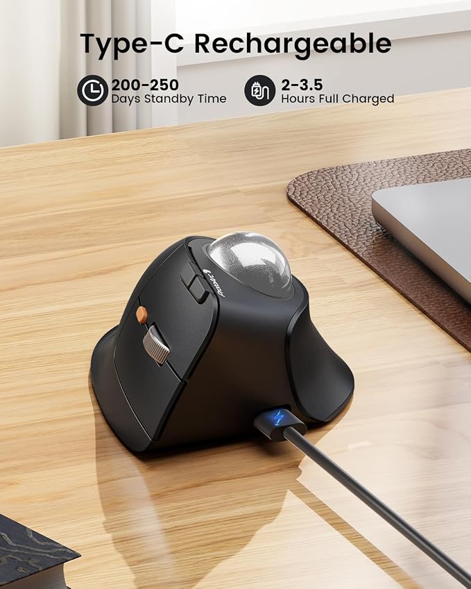 ProtoArc Wireless Trackball Mouse, EM05 NL Vertical Bluetooth Ergonomic Rollerball Thumb Mouse Rechargeable Laptop Mice, 3 Device Connection, Compatible with iPad, Mac, Windows-Silver