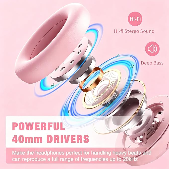 RUNOLIM Hybrid Active Noise Cancelling Headphones, Wireless Over Ear Bluetooth Headphones with Microphone, 100H Playtime, Foldable Headphone with HiFi Audio, Deep Bass for Home Travel Office（Pink）