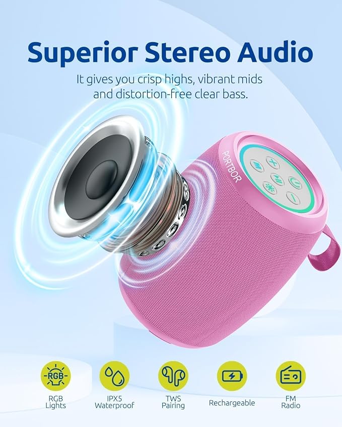 Portable Bluetooth Speaker with Lights, Powerful Stereo Loud Sound Wireless Small Speaker, IPX5 Waterproof, BT5.3, TWS Pairing, for Outdoor/Home/Party/Beach/Shower, Birthday Holiday Electronic Gift