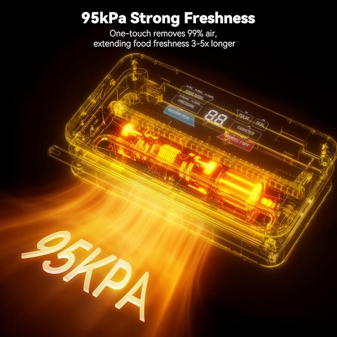 95Kpa Powerful Vacuum Sealer for Food, 10-in-1 Vacuum Sealer Machine with Easy Handle, Built-in Cutter and Roll Storage, Digital Countdown Display & Premium Stainless Steel for Long-Lasting Freshness