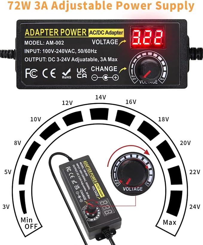 3V ~ 24V 3A 72W Power Supply Adjustable 3V 5V 6V 9V 12V 15V 16V 18V 19V 20V 24V Universal VariableAC/DC Adapter 100V-240V AC to DC Converter with 14 Tips for LED Strip Light Speaker Router