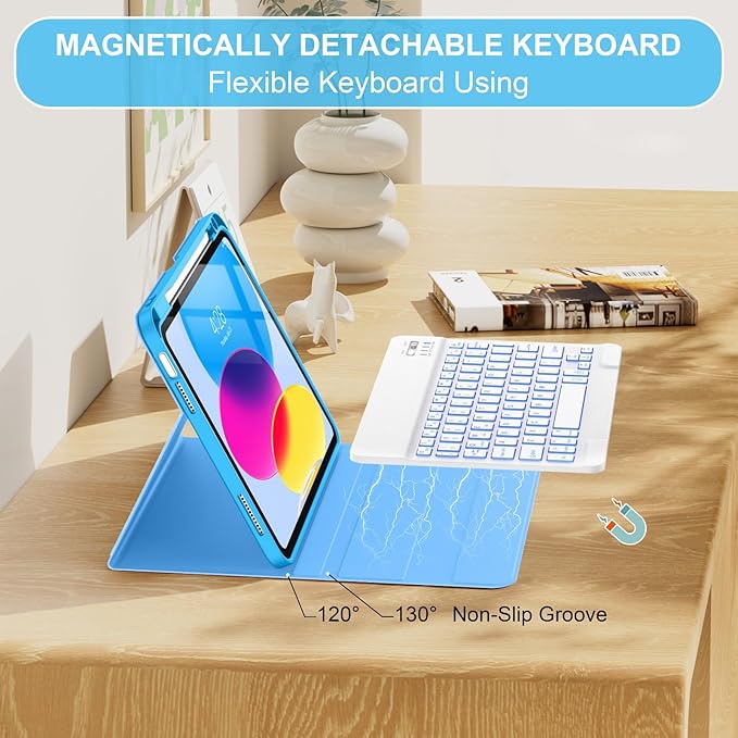 Soke for iPad (A16) 11th/10th Generation Case with Keyboard(2025/2022)-7 Color Backlight Wireless Detachable Folio Keyboard Cover with Built-in Pencil Holder for iPad 11/10.9 inch, Sky Blue