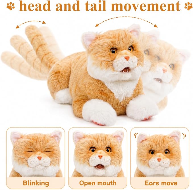 Chongker Interactive Realistic Cat Plush Toy with Sound & Heartbeat, Lifelike Robotic Kitty with Purring, Meowing, Blinking & Moving Head Tail, Custom Name Feature, Companion Gift for Seniors