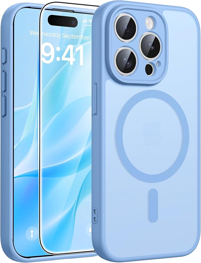 FNTCASE for iPhone 15 Pro Case: [Compatible with Magsafe] Translucent Matte Cases with [Full Camera Protection] [Screen Protector] Military Grade Shockproof Protective Phone Cover - Light Blue