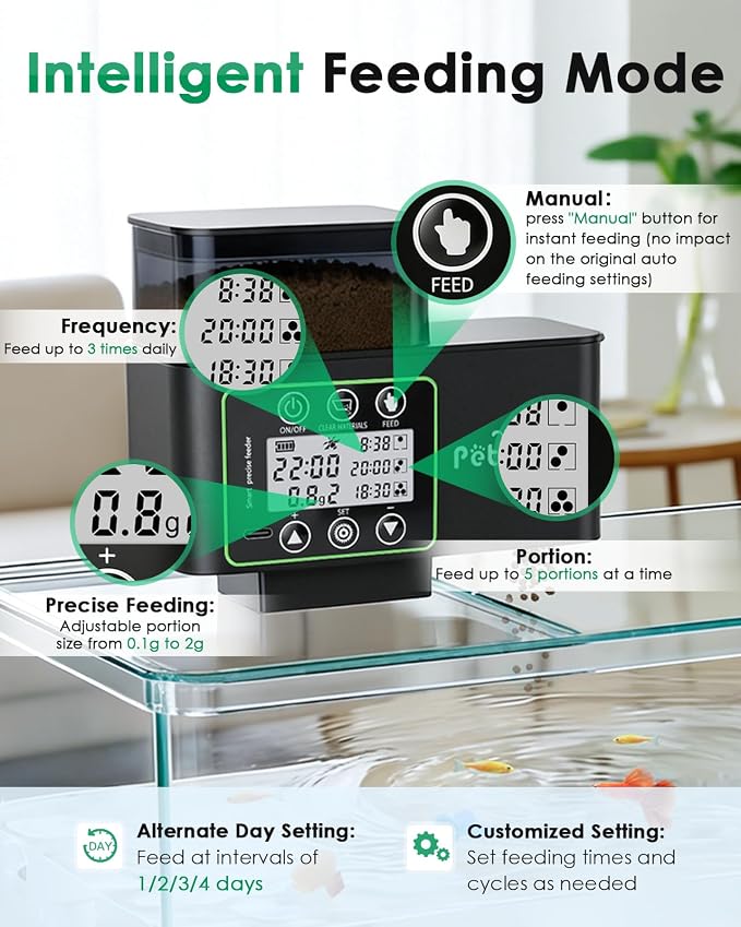 Automatic Fish Feeder for Aquarium - 230/510ml Timer Fish Feeder Dispenser with 0.1-2g Precision Feeding, Moisture-Proof Auto Fish Feeder with Feed Cleaning & Shortage Alert, USB Rechargeable