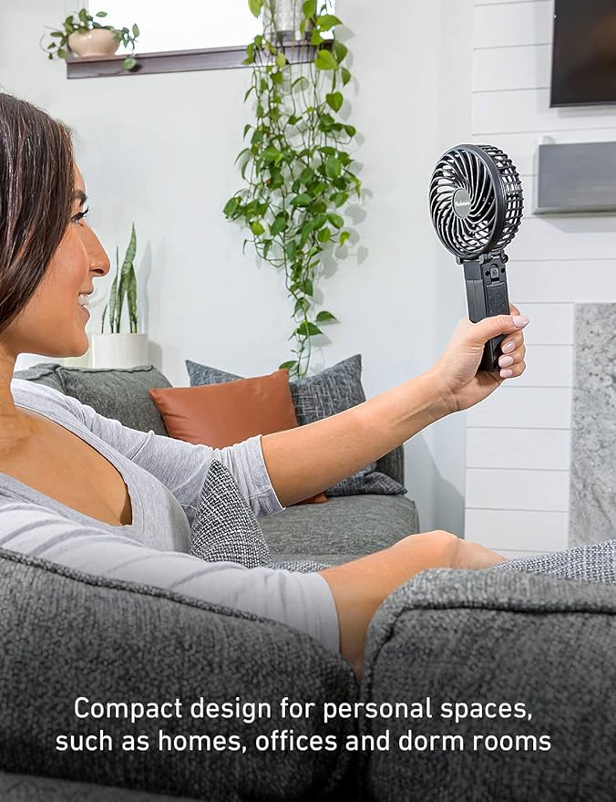 HOLMES 4" Portable, Handheld, Personal or Desk Fan, 3 Speeds, Rechargeable battery, USB-C Charging Cable, 180° Adjustable Head, Lightweight, Compact, Ideal for On-The-Go Use or Home and Office, Black