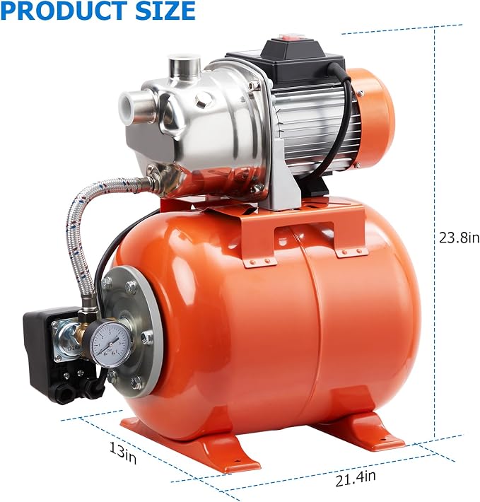 GarveeTech 1.6HP Shallow Well Pump with Pressure Tank, Stainless Steel, 115V Irrigation Pump, Automatic Water Booster Jet Pump for Home, Garden, Lawn