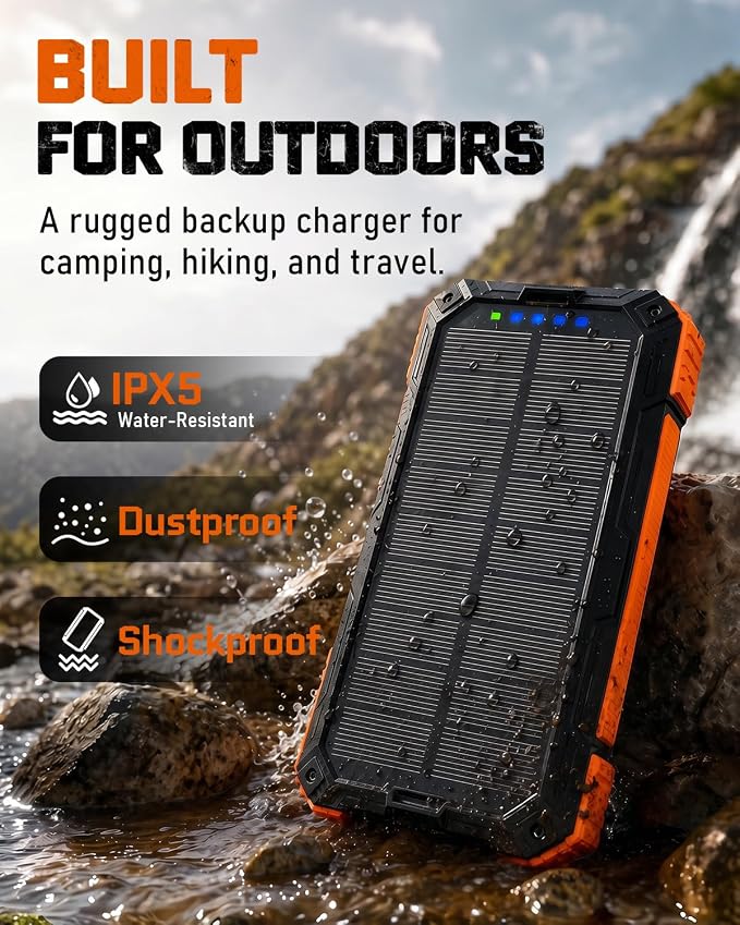 Solar Charger Power Bank - 49800mAh Solar Phone Charger with USB-C in/Output, QC 3.0 Fast Charging with LED Flashlight, Built-in 4 Cables, IP65 Waterproof Fits for Outdoor (Orange)