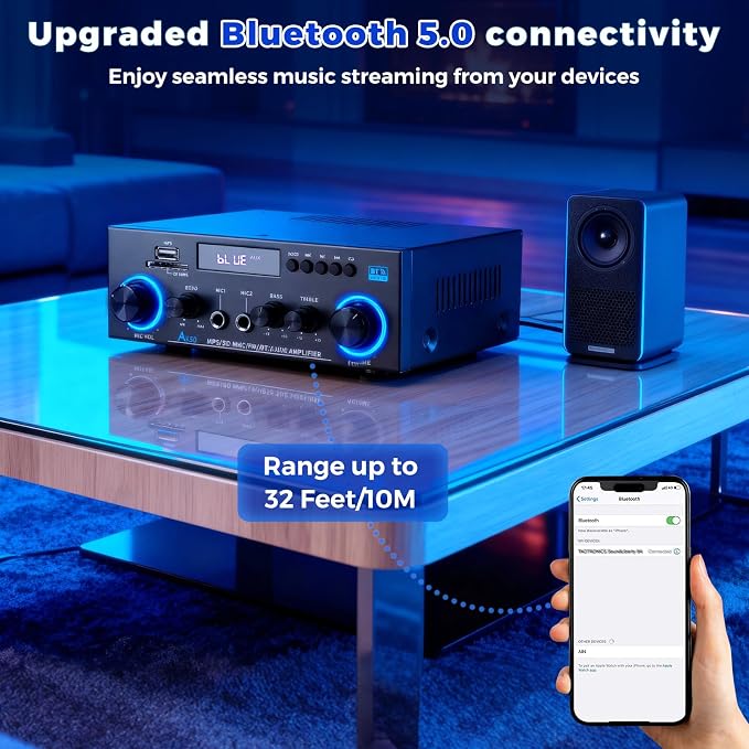 Romicta AK50 Stereo Audio Amplifier, 2 Channel 400W Bluetooth 5.0 Home Audio Stereo Receiver with FM, Echo, AUX, USB, SD, MIC Inputs, Power Amplifier for Passive Speakers and Active subwoofer