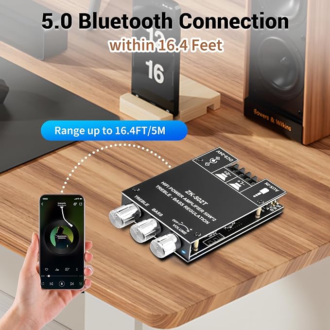 Daakro ZK-502T Bluetooth Amplifier Board,50W+50W 2.0 Channel Amp Board with Treble and Bass Control,DC 12-24V, Bluetooth and AUX Inputs, Audio Amp Board for Home DIY Wireless Speakers, Password Free