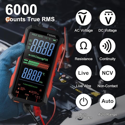 FS899L Digital Multimeter with Color Screen, USB C Rechargeable Electrical Testing, 6000 Counts True RMS AC/DC Voltage Tester, NCV, Capacitance, Non Voltage Detector for Car, Home(FS899L)