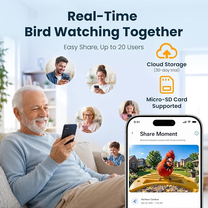 Smart Bird Feeder with Camera, 2.5K UHD Bird Camera AI Identifies 11,000+ Bird's Species, Real-time Bird's Videos & Pictures, Solar Powered Feeder Wireless for Outdoor, Ideal Gift for Dad, Yellow