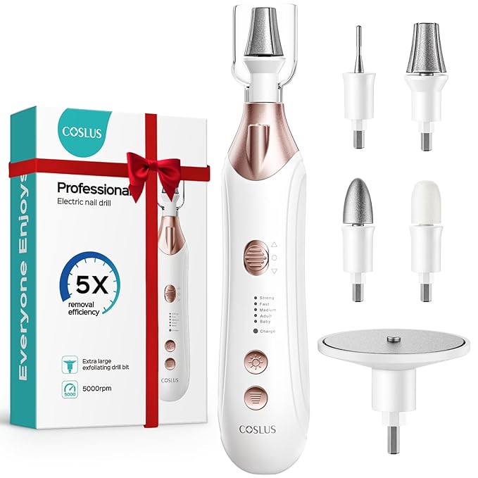 COSLUS C43 Professional Manicure Pedicure Kit, 5-in-1 Electric Nail File for Toenail Hand Feet, Basic & Thick Nails Care, Cordless, 5 Speeds, for Men Women Seniors Home Salon, Wider Grinder, White